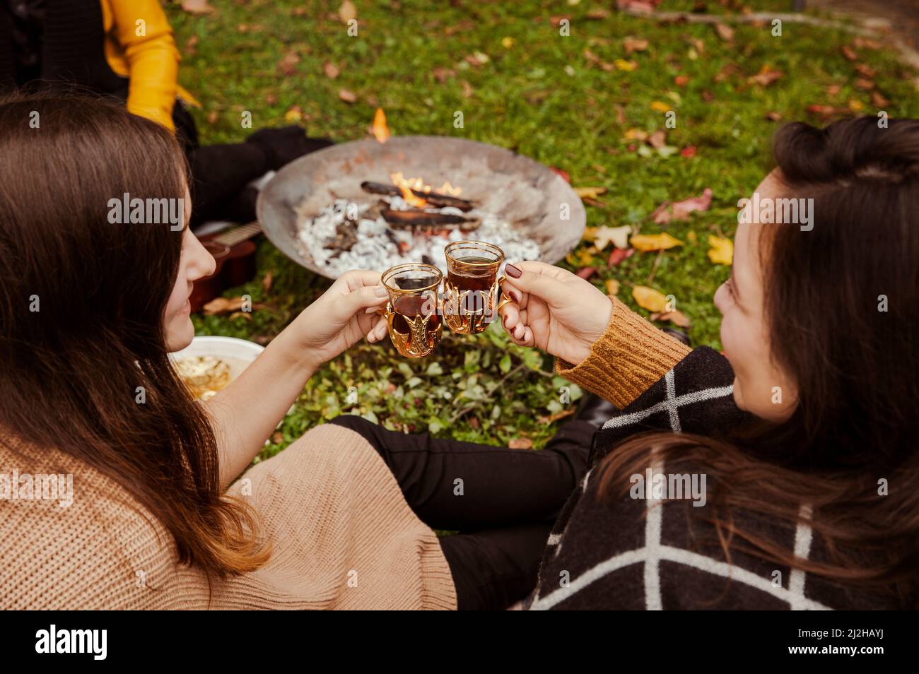 Friends toasting with tea in glasses with gold holders at picnic around