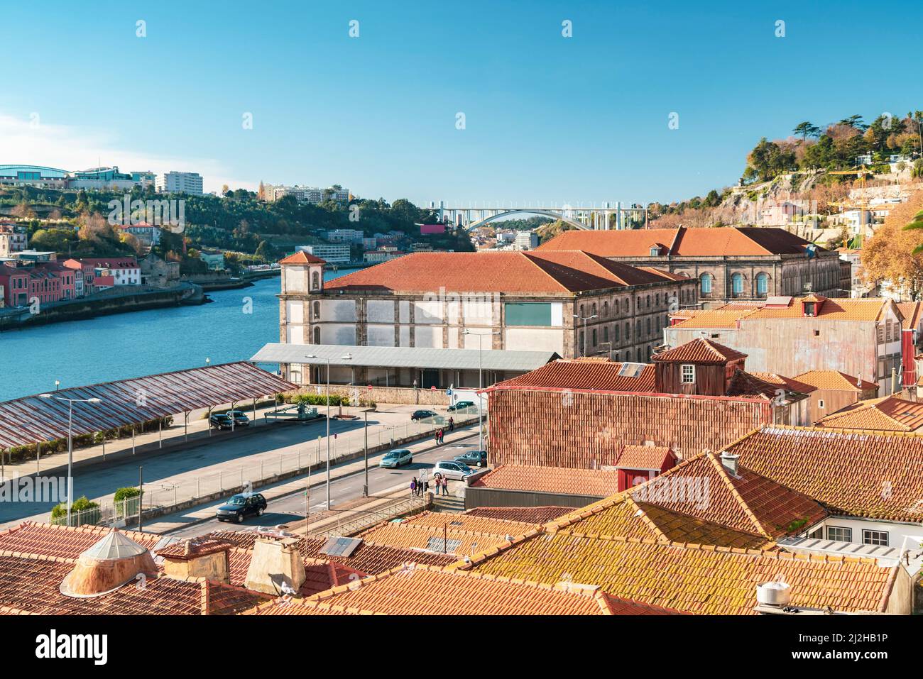 Portugal, Porto, Rooftops of old town buildings and Douro river Stock