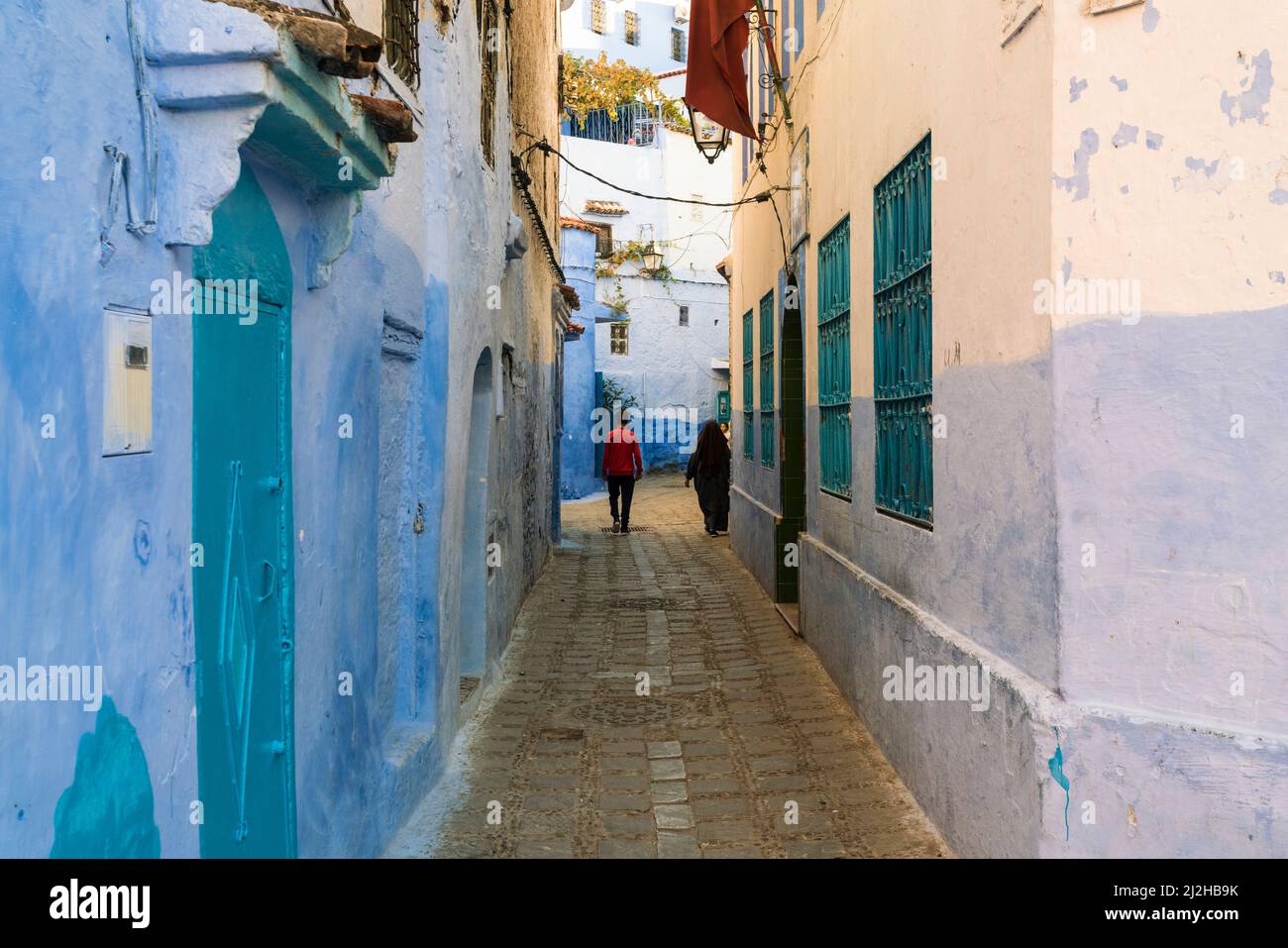 Morocco, Chefchaouen, Narrow alley and traditional blue houses Stock