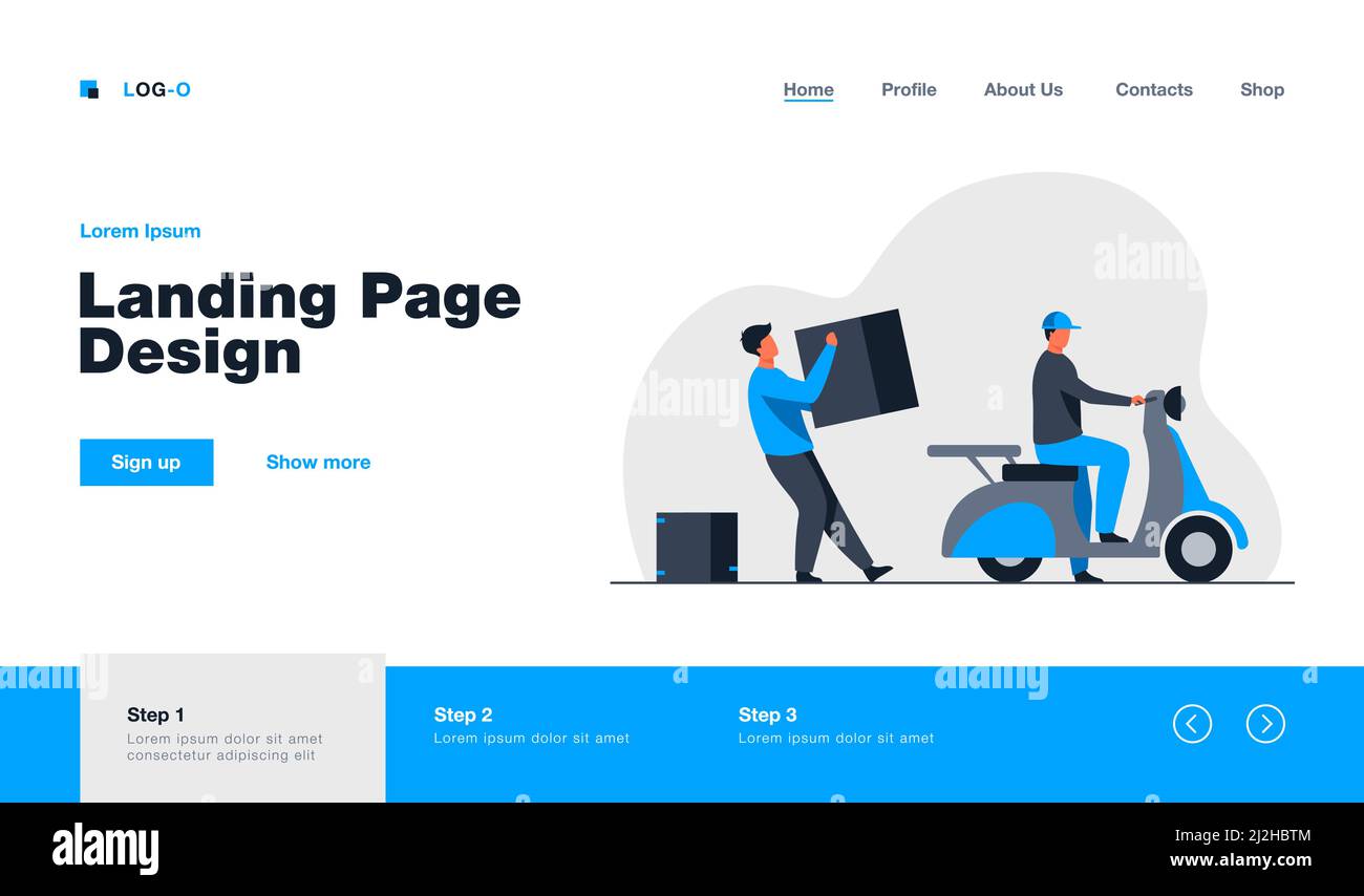 Two loaders carrying big carton box to couriers scooter. Delivery man