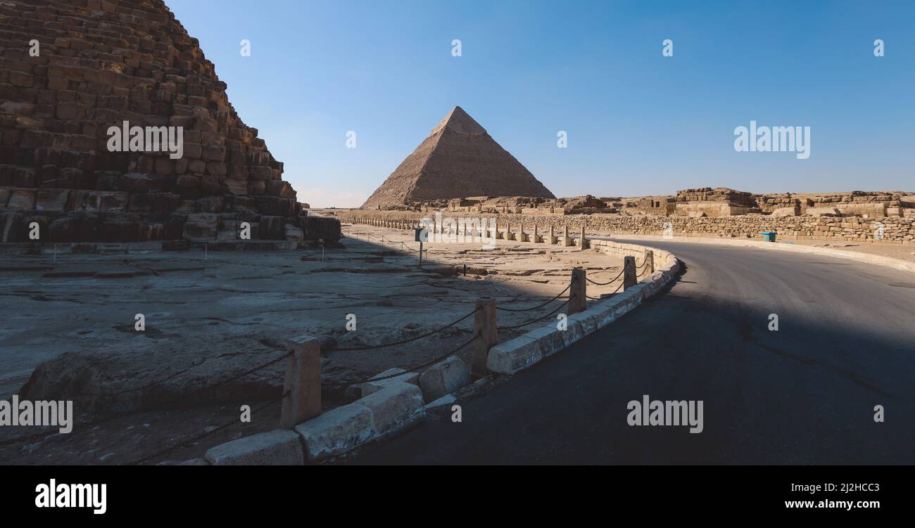 Natural View to the Great Pyramid of Giza under Blue Sky and Day Light, Egypt Stock Photo