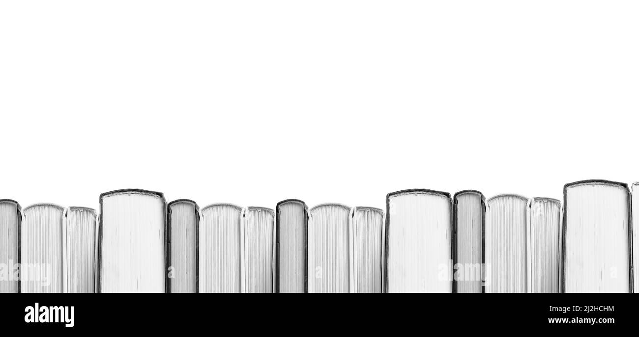 Banner with books border, row isolated on white background. Education, getting knowledge concept. Reading habit, bookworm lifestyle. Encyclopedia, novel, fiction, code. High quality photo Stock Photo