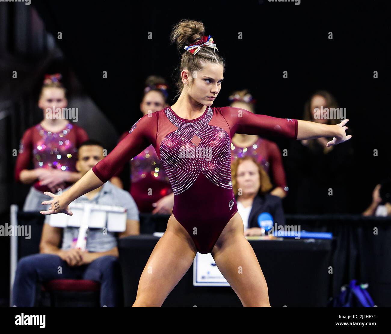 Norman, OK, USA. 31st Mar, 2022. Oklahoma's Jordan Bowers performs her  floor routine during Session 3 of the NCAA Women's Gymnastics Norman  Regional at the Lloyd Noble Center in Norman, OK. Kyle