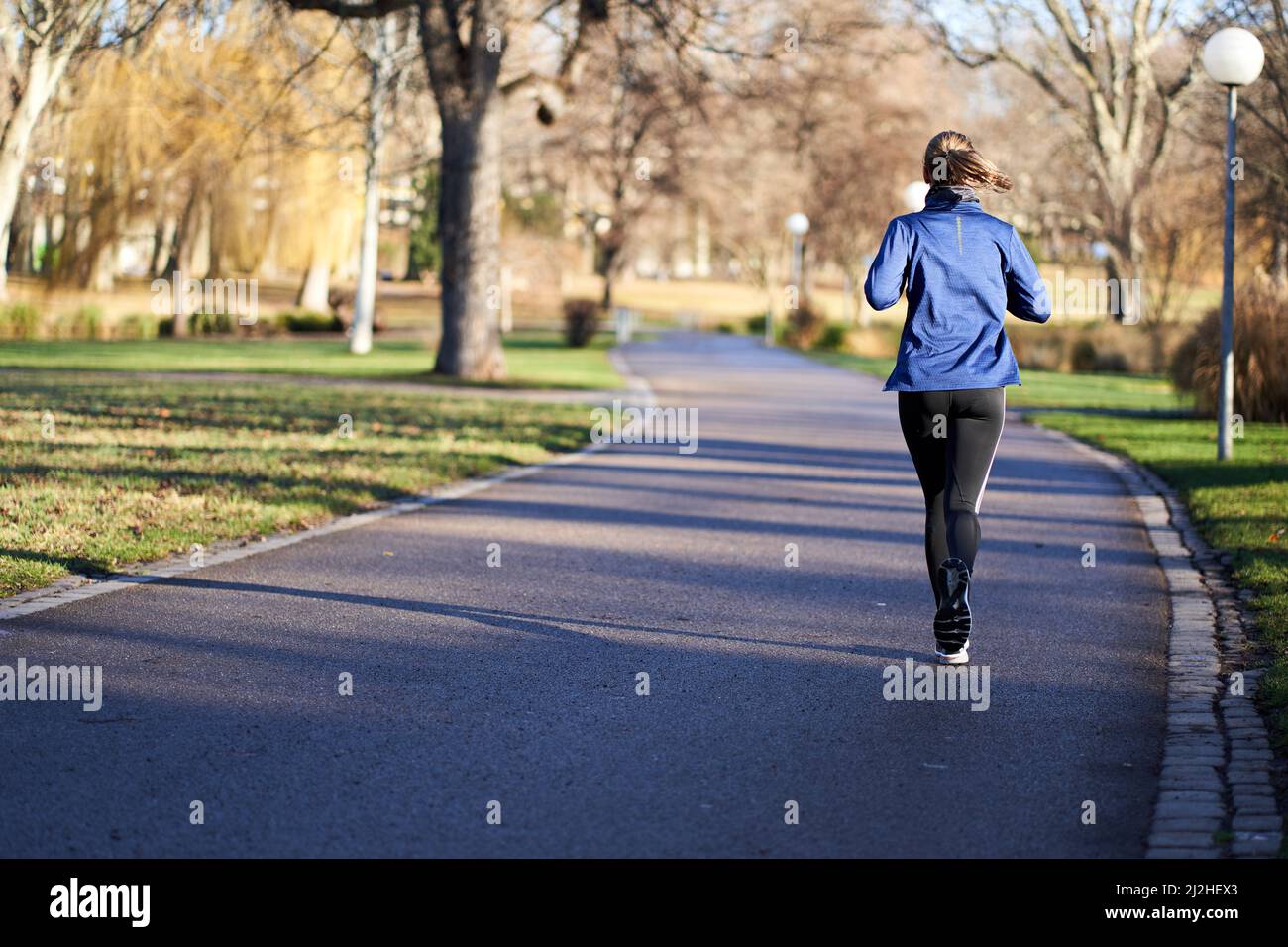 Young sporty woman jogging in the park. Person with training clothes moves in nature. Rear view. Stock Photo
