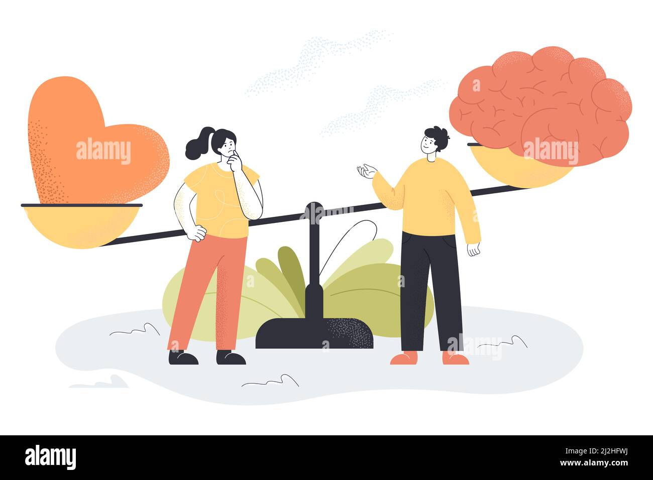 Tiny man and woman standing near scales with brain and heart. Thinking and choosing between feelings and mind, gut instincts and logic flat vector ill Stock Vector