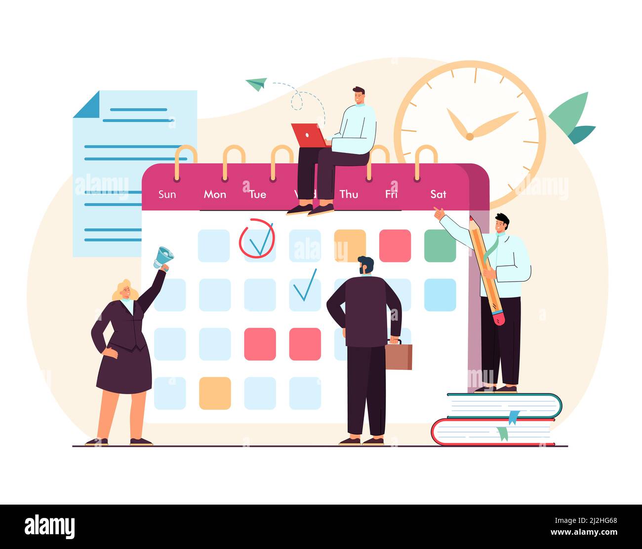Tiny students and office person in process of making plan to reach aims in time. Business schedule with filling course campaign flat vector illustrati Stock Vector