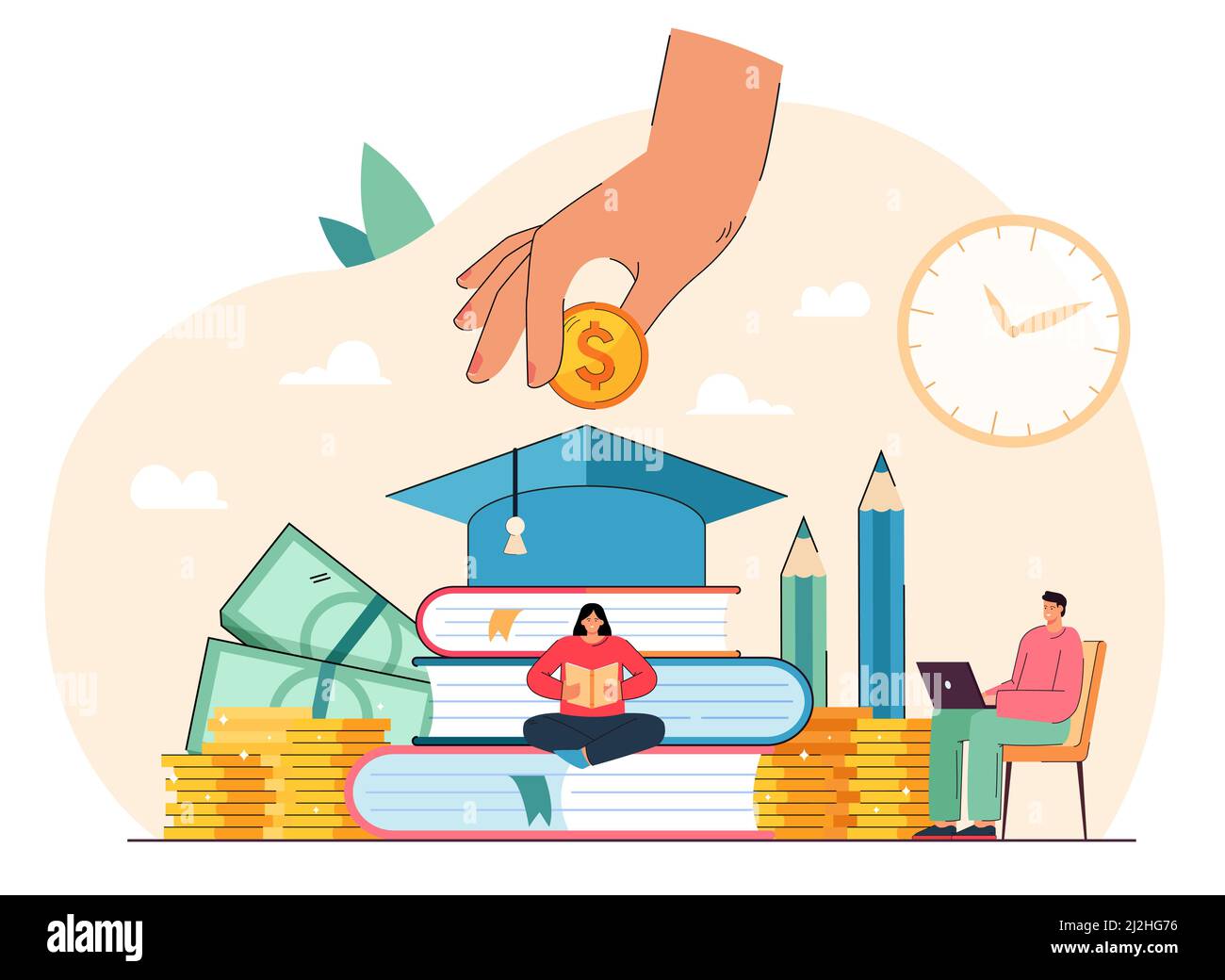 Tiny students sitting near books getting university degree and paying money. Education business flat vector illustration. College scholarship, finance Stock Vector