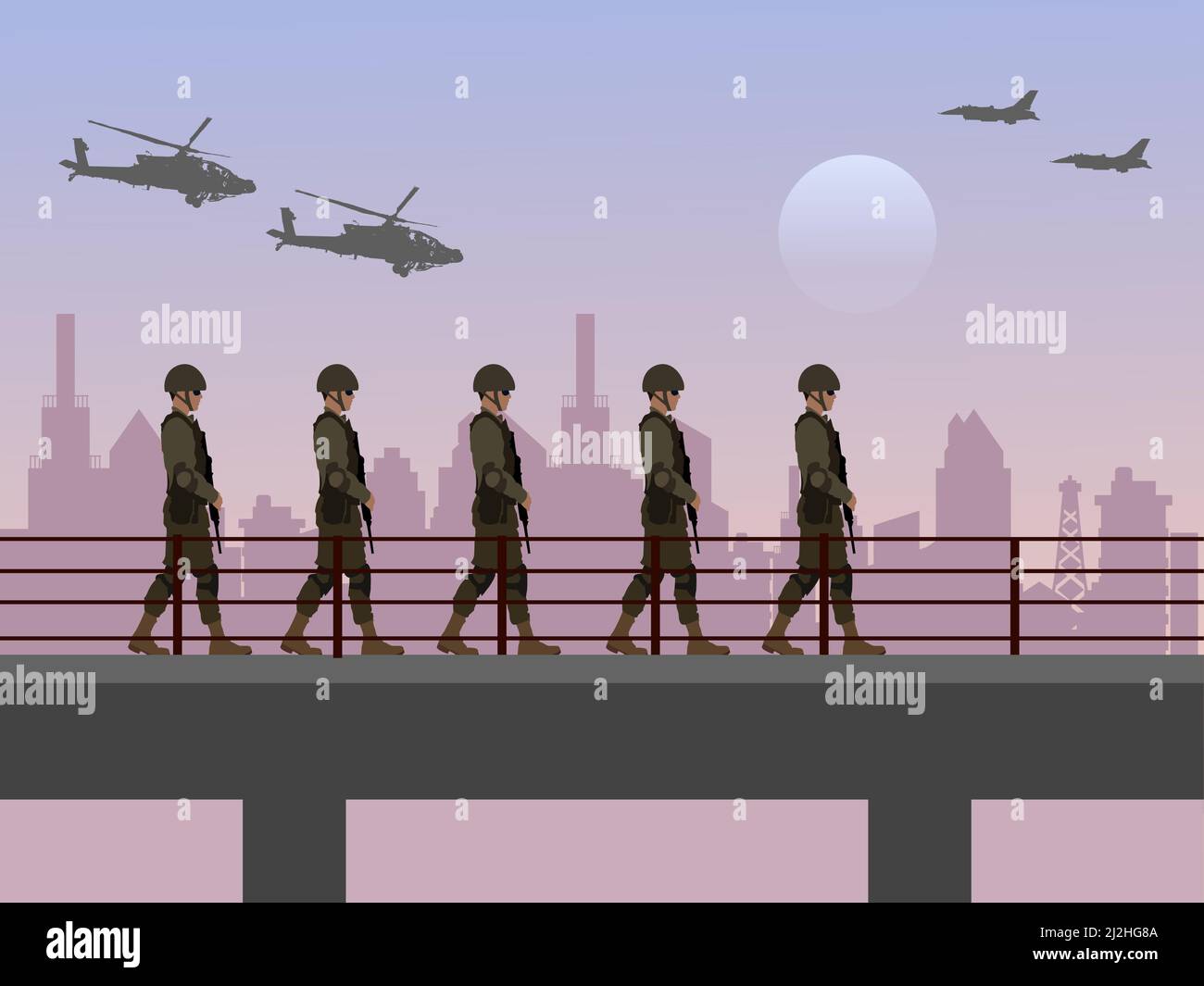 A group of soldiers walking on a bridge in a warring city. There are helicopters and fighters in the sky. Stock Vector