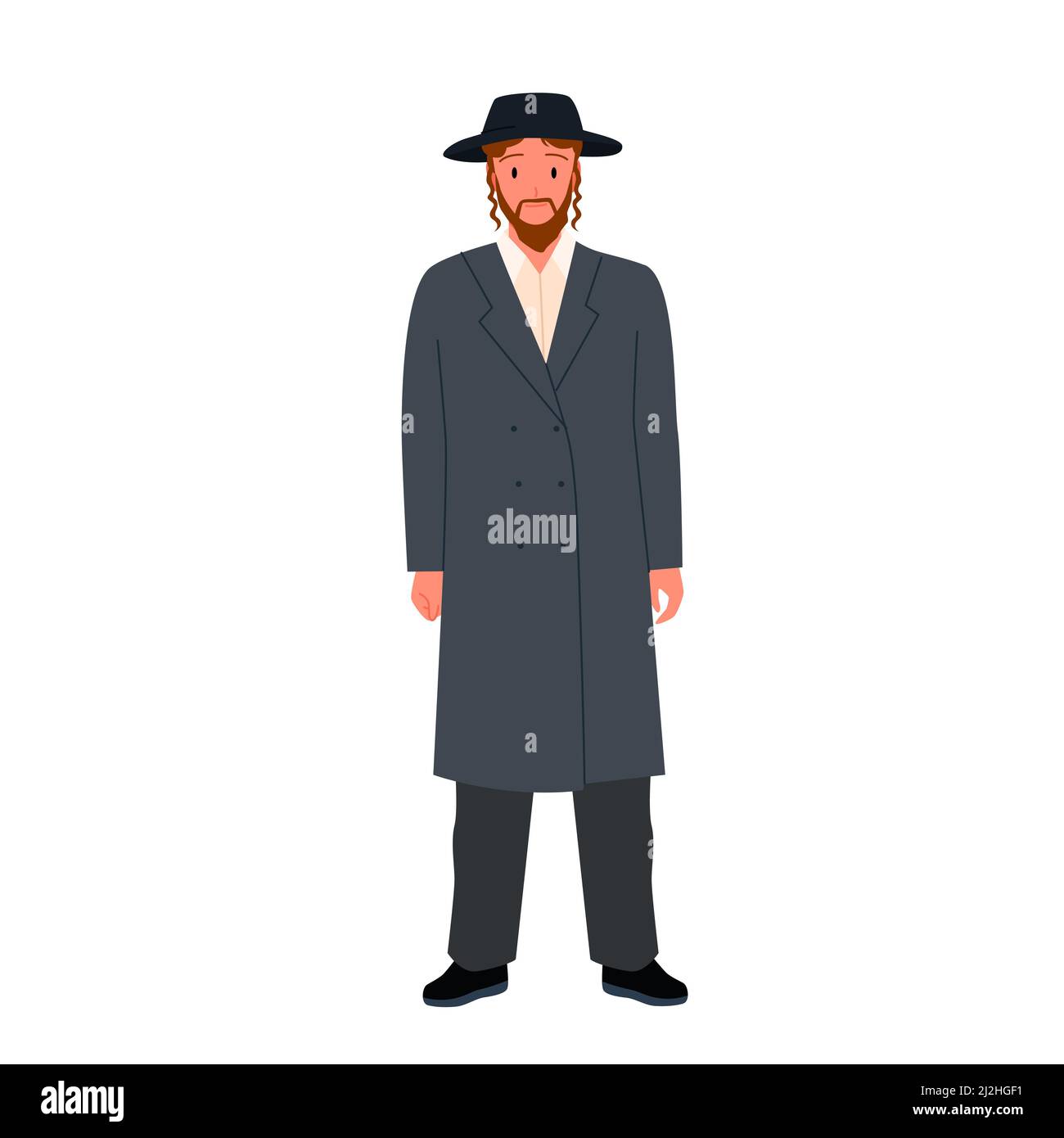 Jewish religious leader, wise rabbi with beard, hasid in black suit and hat, standing man Stock Vector