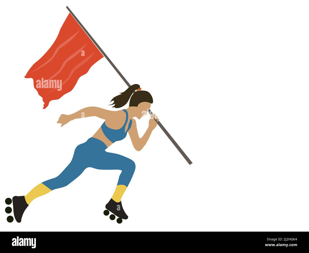 woman wearing skateboard shoes hand holding a running flag with white background Stock Vector