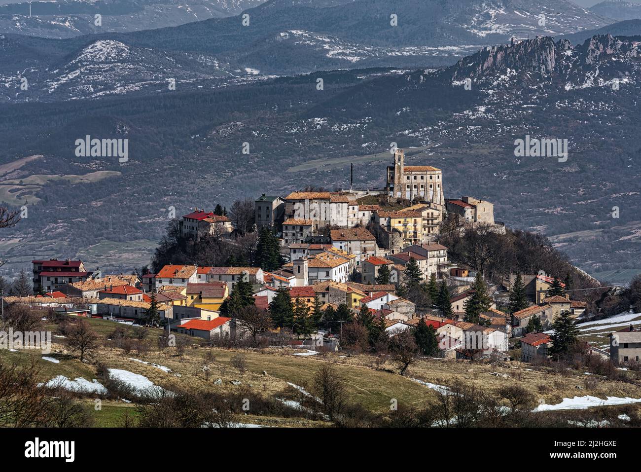 Landscape of the ancient and medieval mountain town in the province of Chieti. Gamberale, Chieti province, Abruzzo, Italy, Europe Stock Photo