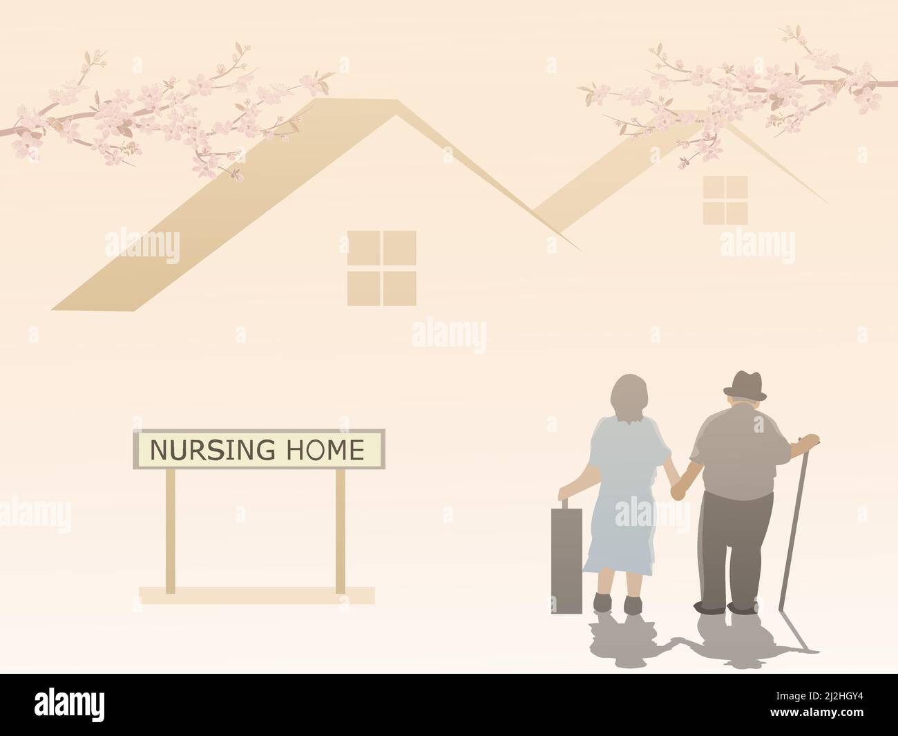 An elderly couple is entering a nursing home with a house and pink sky in the background. Stock Vector