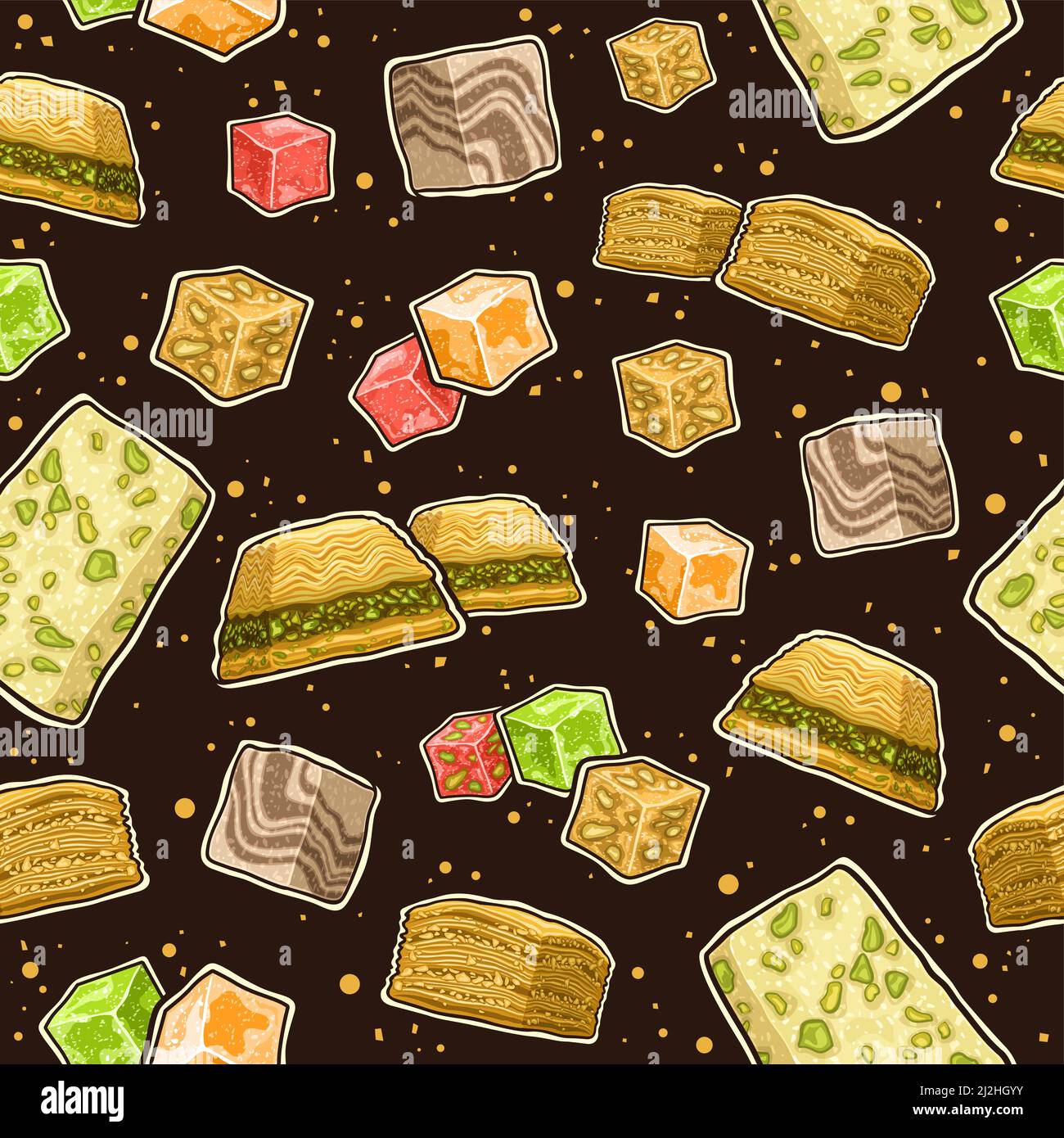 Vector Turkish Sweets seamless pattern, square repeating background with set of cut out illustrations various delicacy lebanese lokum in cubes shape a Stock Vector