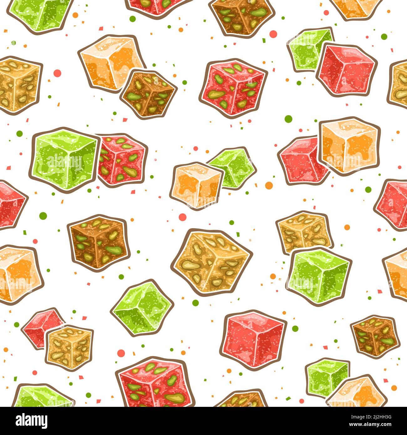 Vector Turkish Lokum seamless pattern, decorative square repeating background with set of cut out illustrations various colorful sugary lokum in cubes Stock Vector