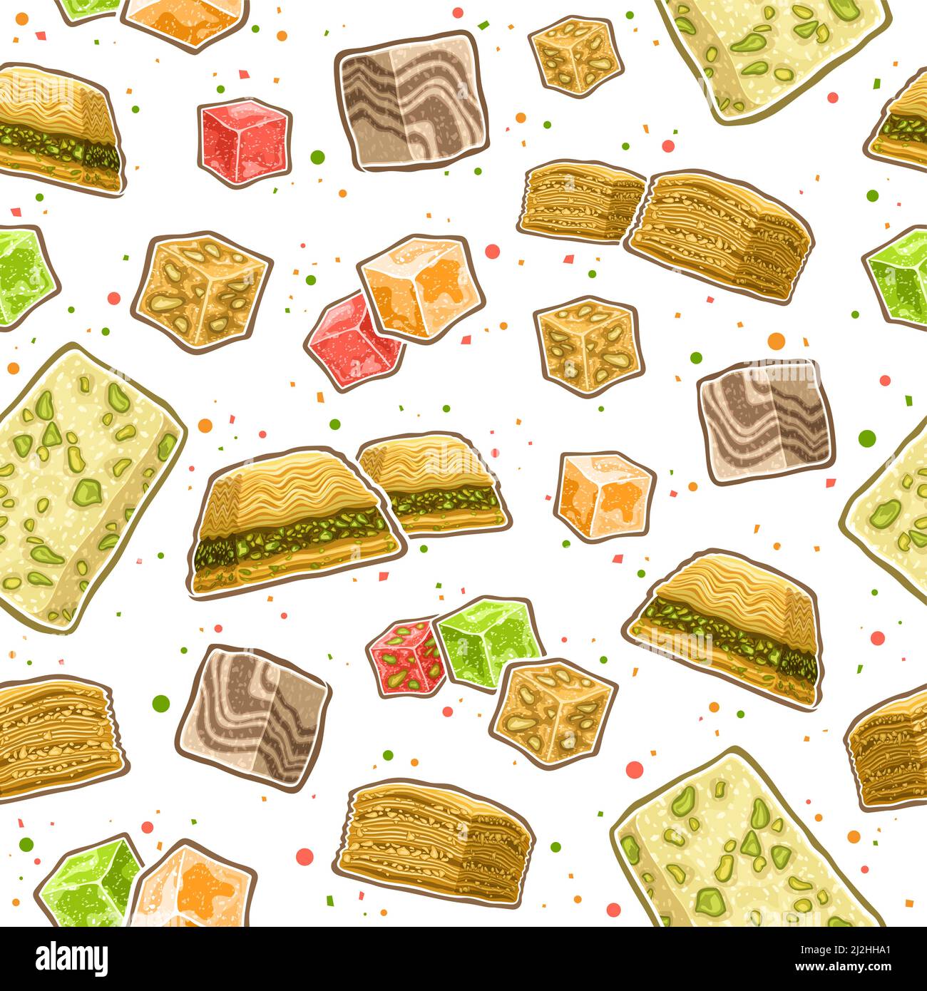 Vector Turkish Sweets seamless pattern, square repeating background with set of cut out illustrations variety lebanese sweet rahat lokum in cubes shap Stock Vector