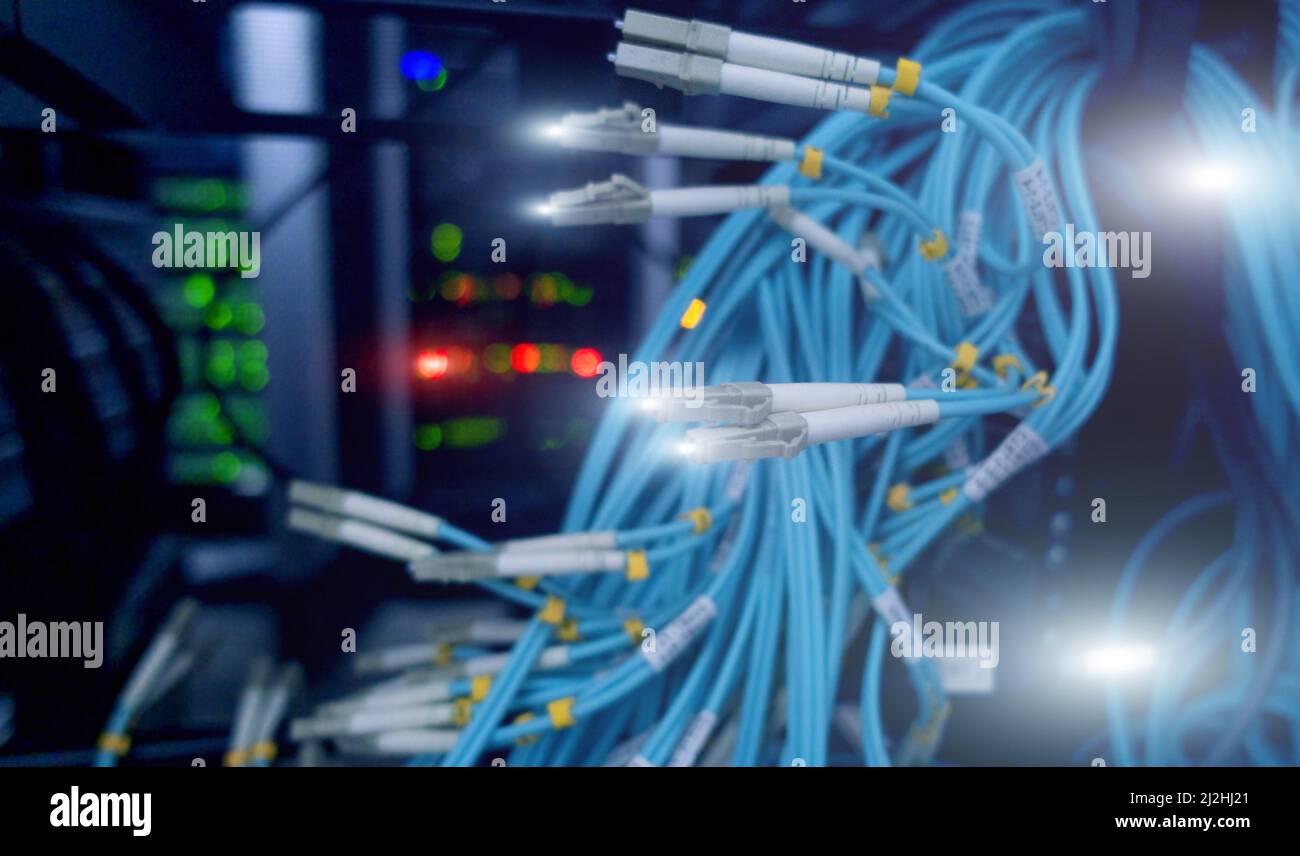 Double Exposure Fiber optic and hub in server room Stock Photo - Alamy