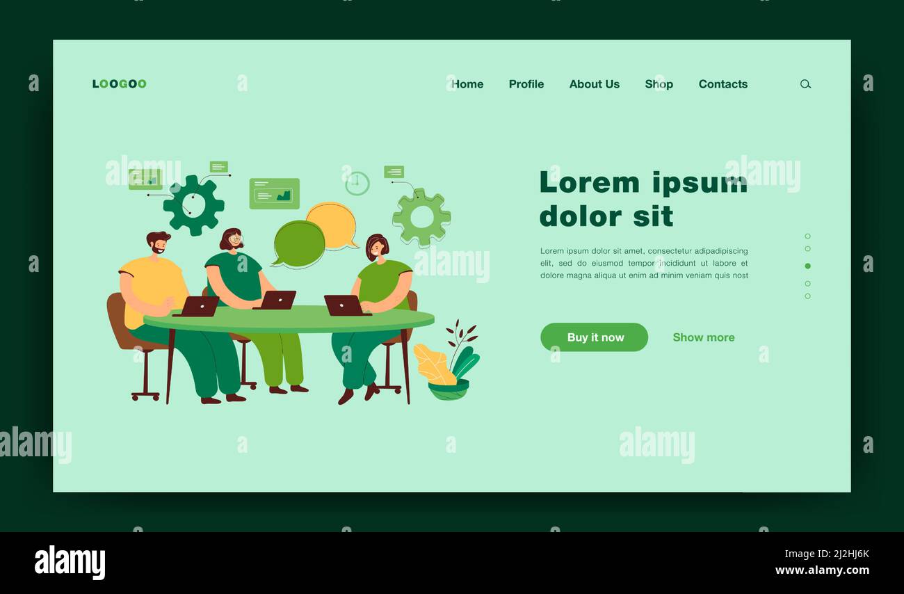 Cartoon team coworking process flat vector illustration. People characters with laptops sitting around table, chatting. Process of office workflow in Stock Vector
