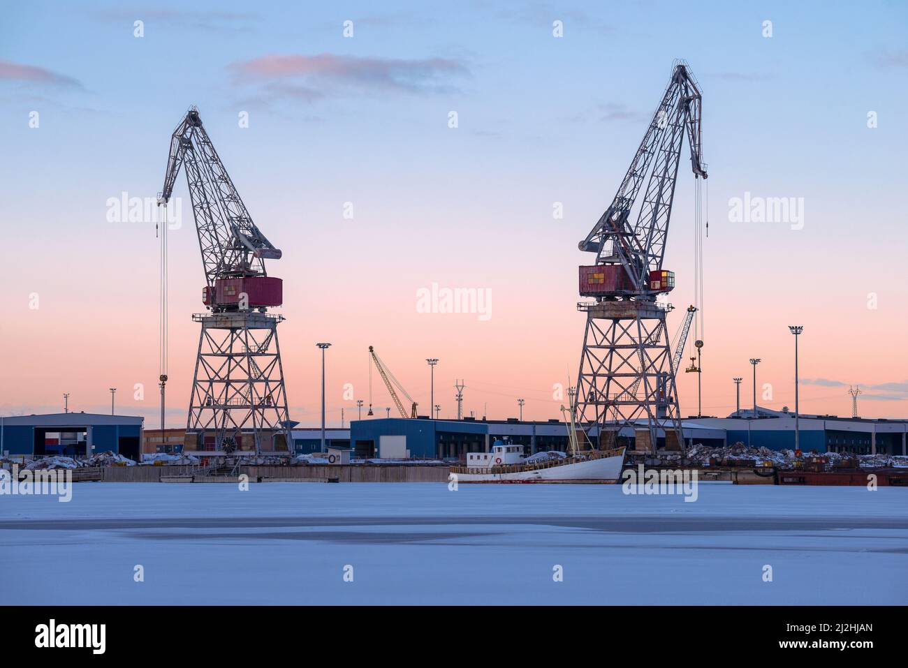 March twilight in the port of Kotka. Finland Stock Photo