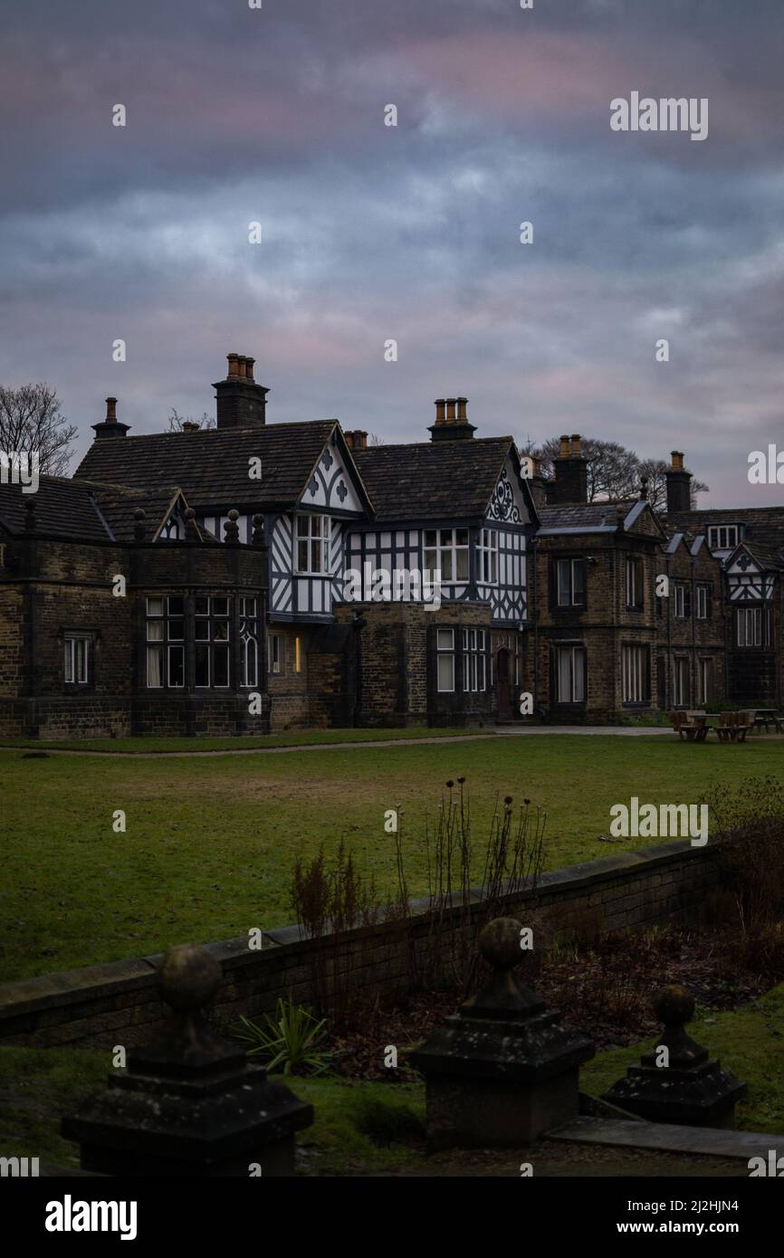 Smithills Hall, Bolton, United Kingdom with a beautiful evening sky. Stock Photo