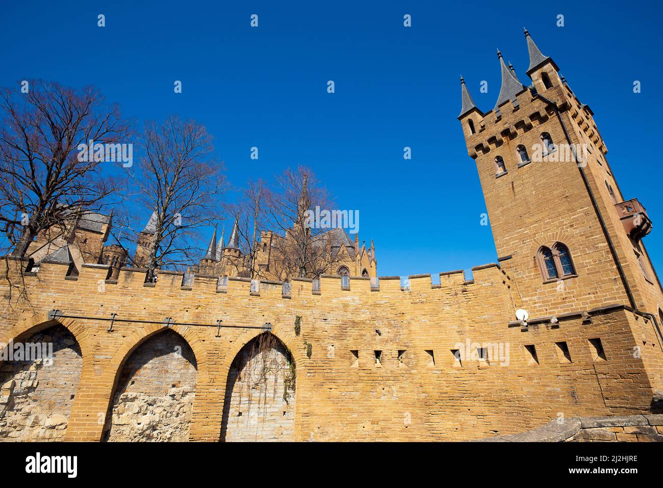 Gate tower. Hohenzollern Castle is a hilltop castle located on the mountain Hohenzollern, an isolated promontory of the Swabian Jura , central Baden-W Stock Photo