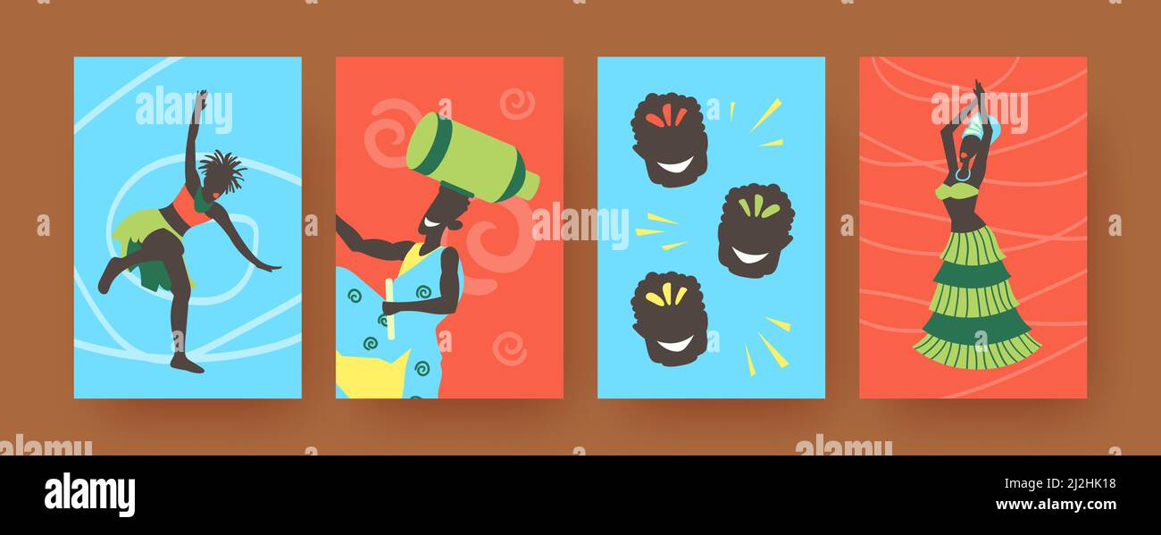 Set of contemporary art posters with African folk dancers. Vector illustration.  Colorful collection of Africans wearing ethnic clothes, dancing in co Stock Vector