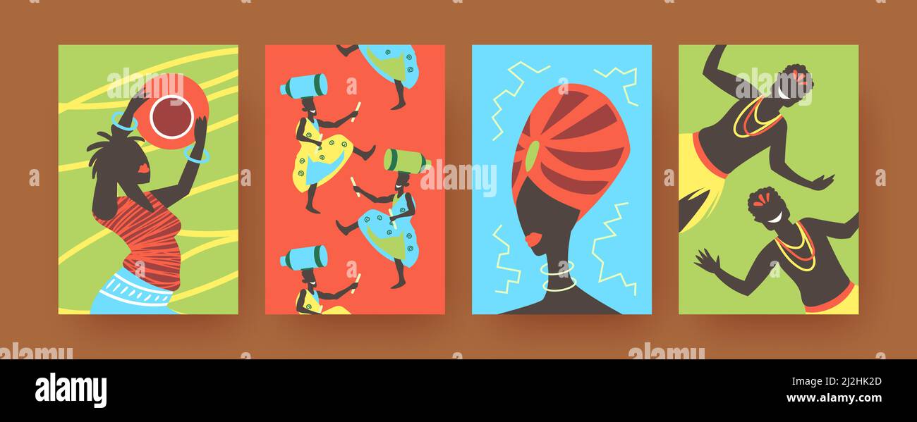 Set of contemporary art posters with African tribal dancing. Vector illustration.  Colorful collection of Africans wearing ethnic clothes, dancing in Stock Vector