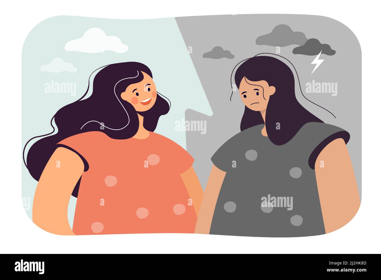 Contrast of happy and depressed woman. Flat vector illustration. Split portrait of girl with bipolar disorder with smile and sad face. Mental health, Stock Vector