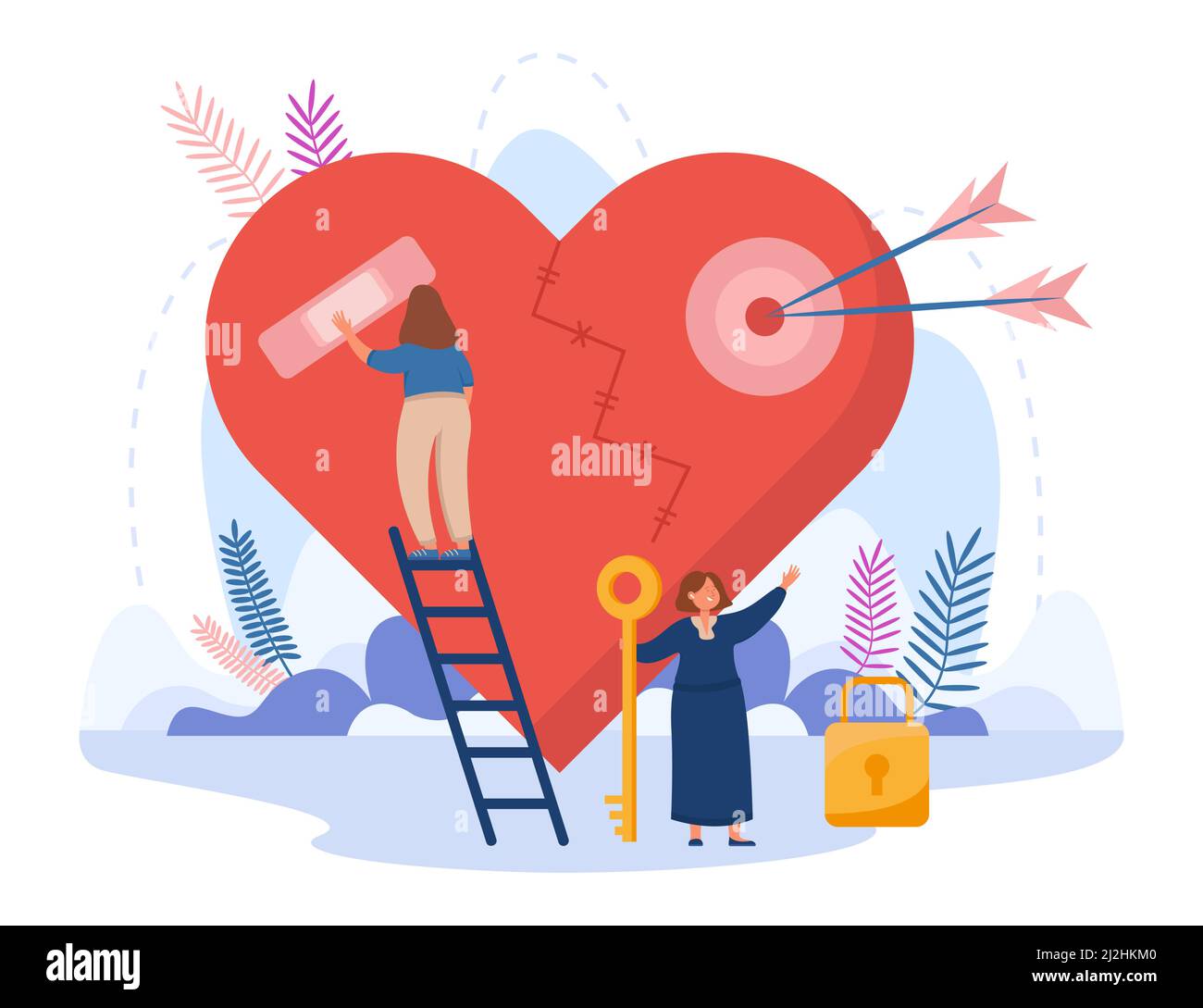 Tiny girl standing on stairs and taping broken heart. Female cartoon character holding key to lock flat vector illustration. Failure relationship, sen Stock Vector