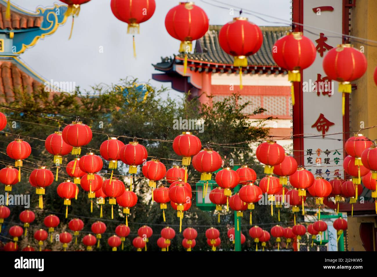 Rows of red lanterns hanging in Chinatown, Los Angeles, CA Stock Photo