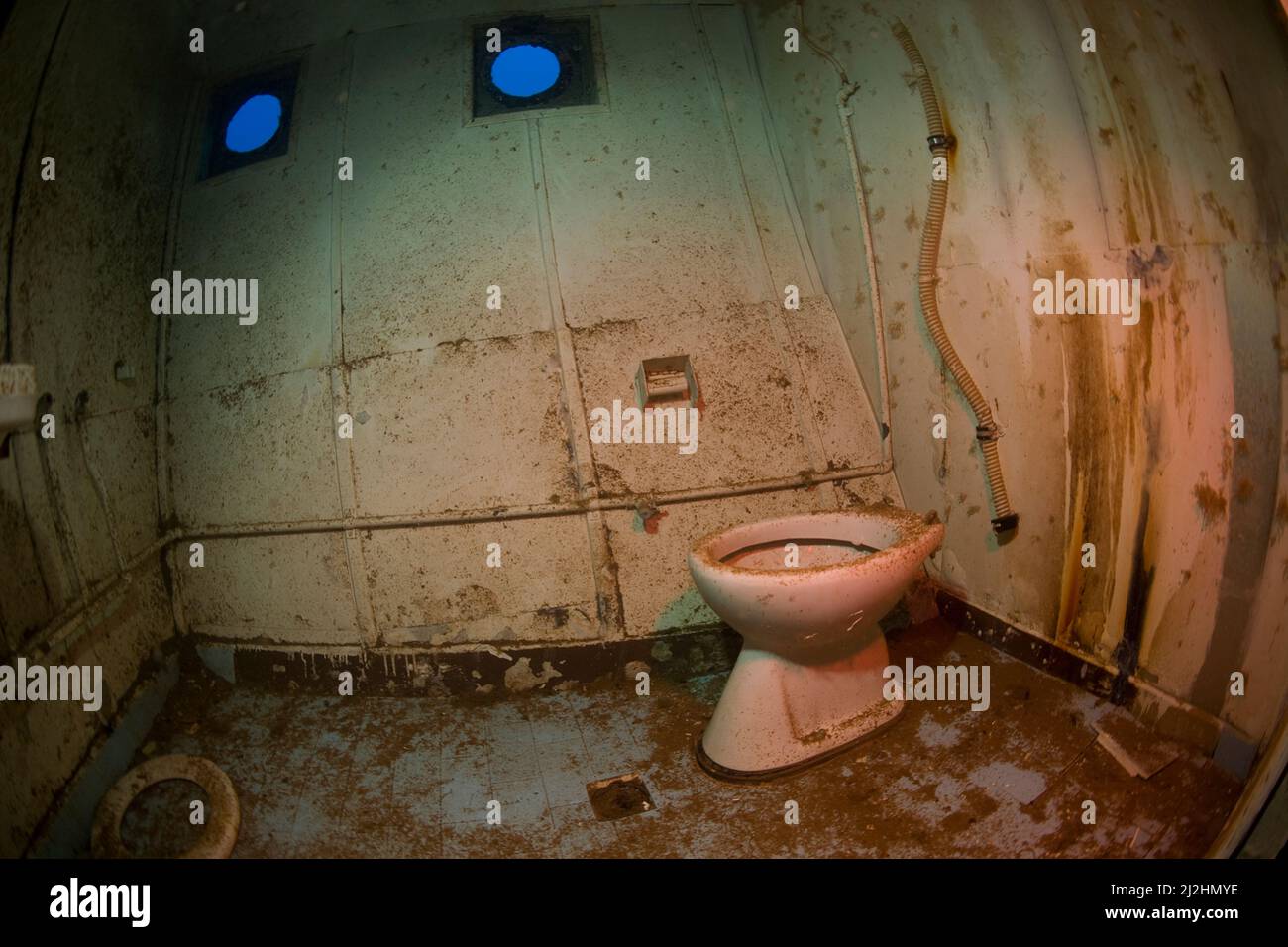 Captain's toilet in shipwreck Navy ship Pinar I, TCGY111, Bodrum, Aegaeis, Turkey, Mediteranean sea Stock Photo