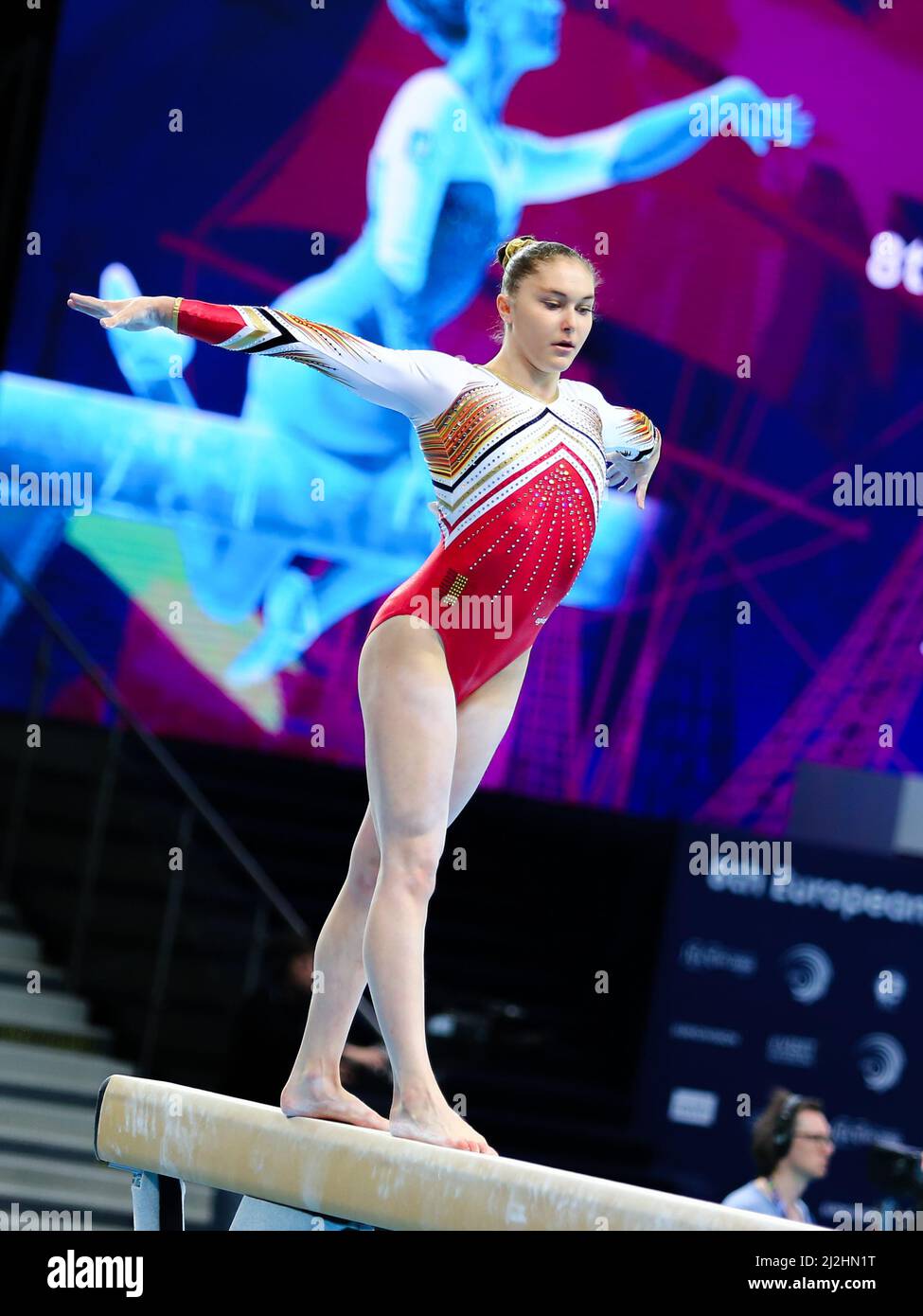 Szczecin, Poland, April 11, 2019: Belgian female athlete Maellyse Brassart competes on the balance beam Stock Photo