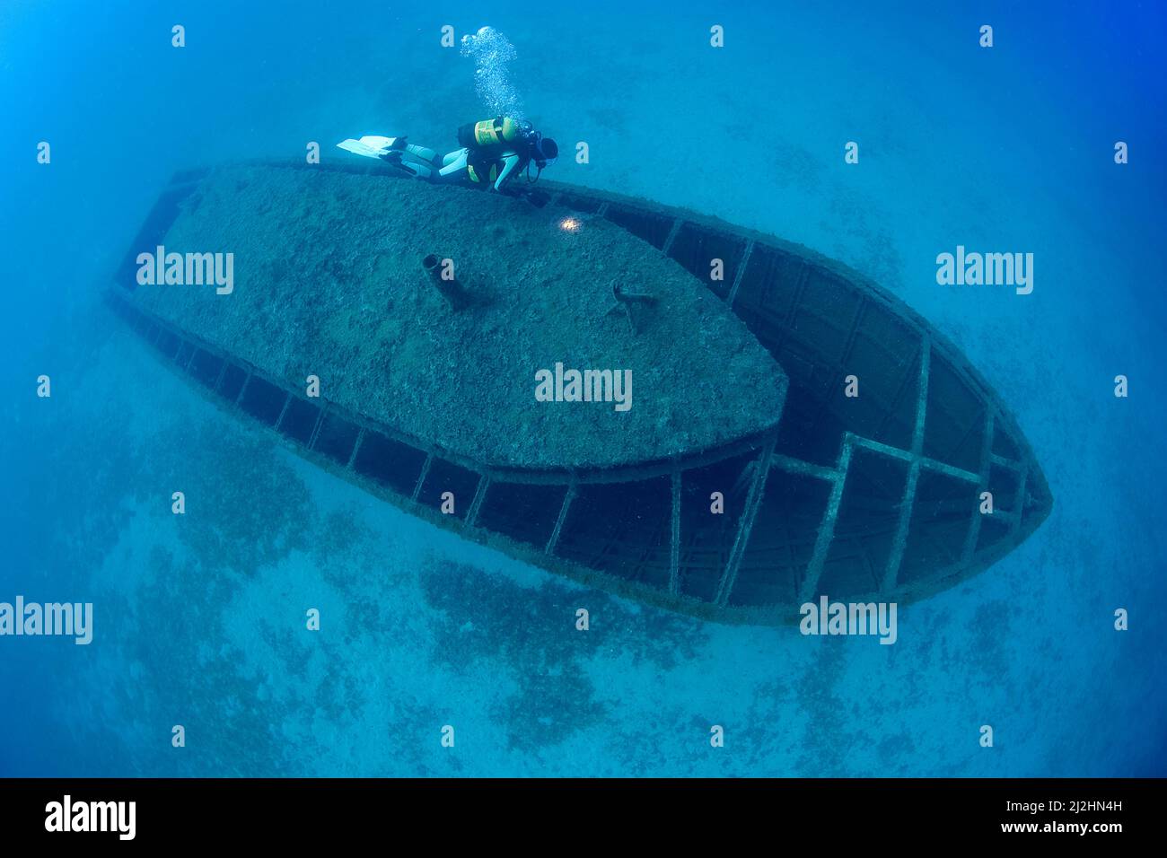 Scuba diver at Mavi shipwreck, a steel wreck sunken for a artificial reef, Kas, Turkey, Mediteranean sea Stock Photo