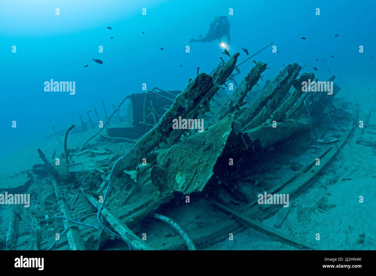 Scuba diver at wood shipwreck, Kas, Turkey, Mediteranean sea Stock Photo