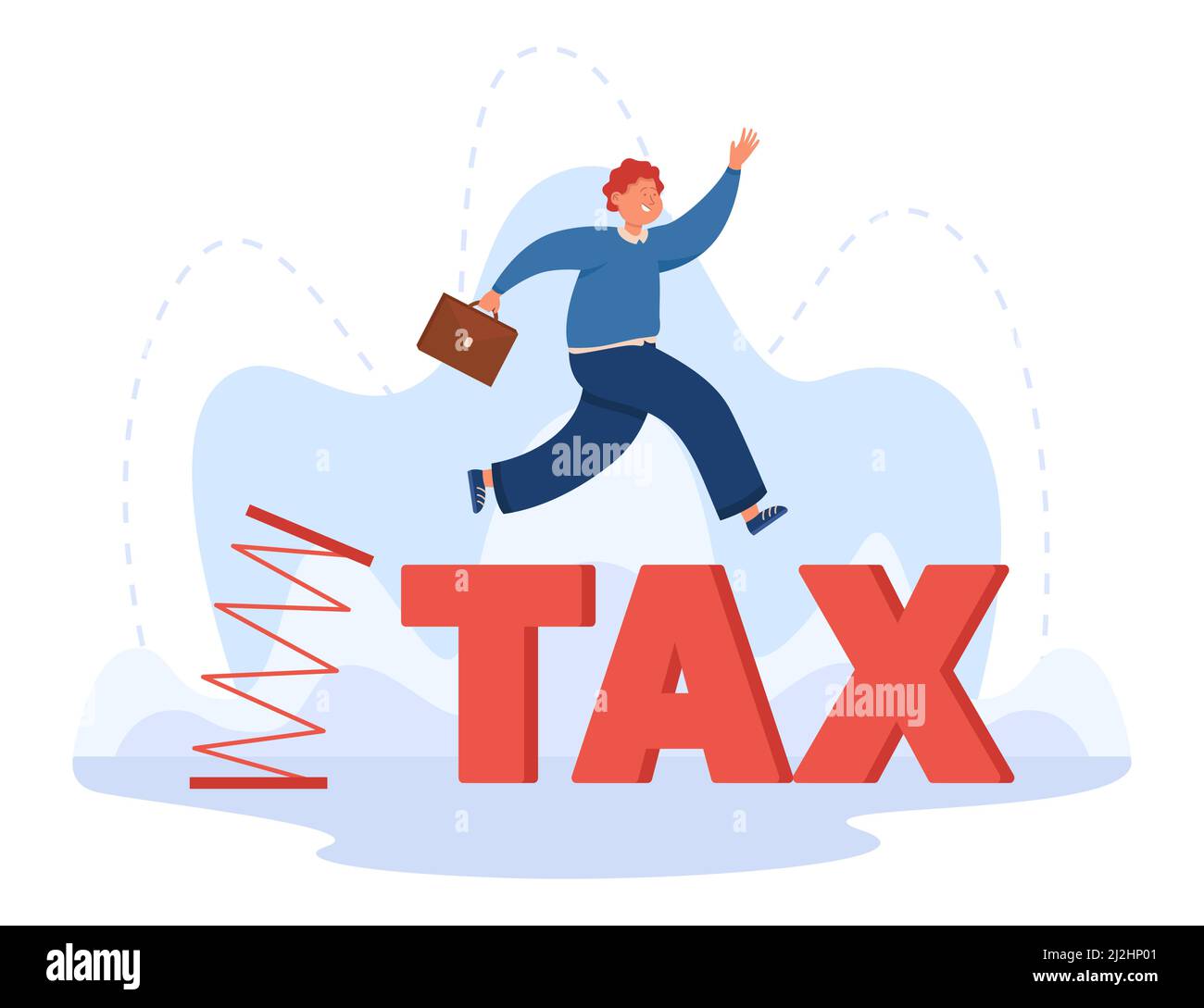 Businessman jumping from flexible spring. Happy entrepreneur enjoying opportunity of zero tax burden, developing business flat vector illustration. Ta Stock Vector