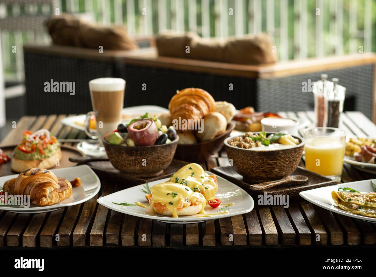 Western big gourmet breakfast selection mixed dishes on french