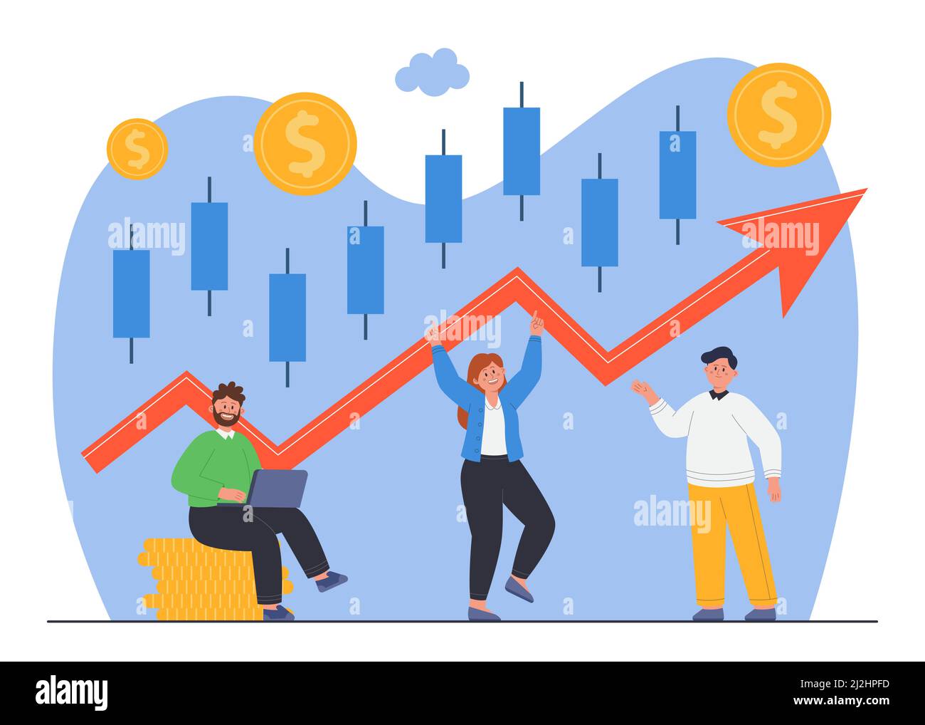 Candlestick chart showing progress and growth of company. Happy ...