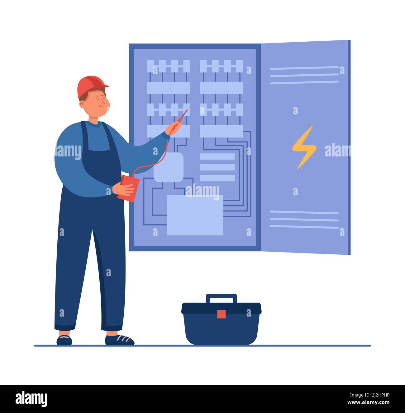Cartoon electrician working with electric cabinet. Technician fixing electrical panel board, circuit breaker or fuse box flat vector illustration. Ele Stock Vector
