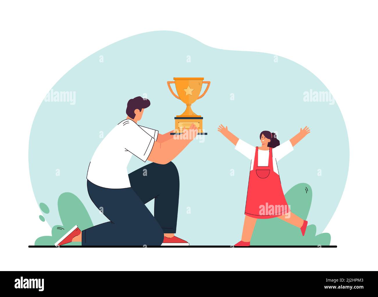 Cartoon father or teacher giving gold cup to little girl. Happy child winning trophy flat vector illustration. Competition, success, victory concept f Stock Vector