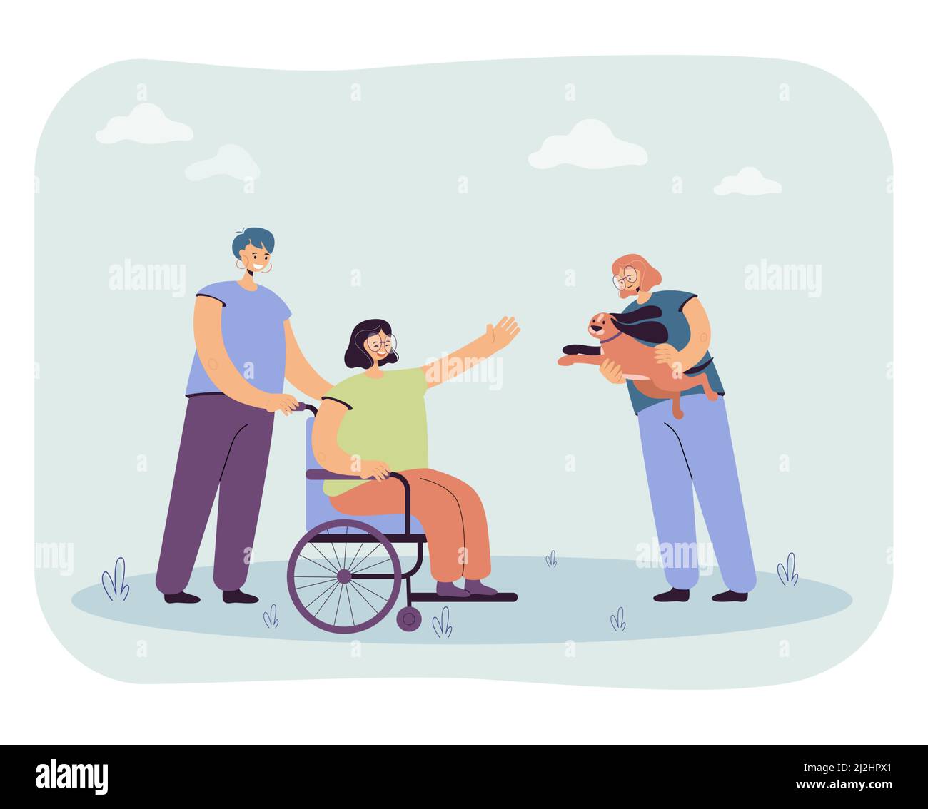 Girls bringing puppy to woman in wheelchair. Flat vector illustration. Happy disabled girl rejoicing at dog and stretching out her hands to it. Animal Stock Vector