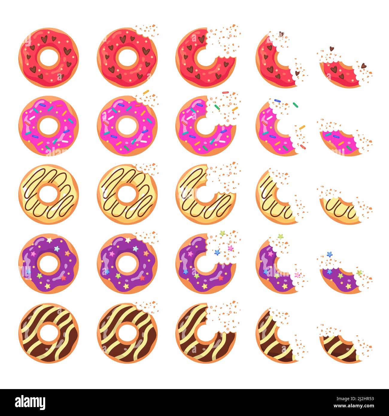 Cute donuts with different icing flat vector illustrations set. Top ...