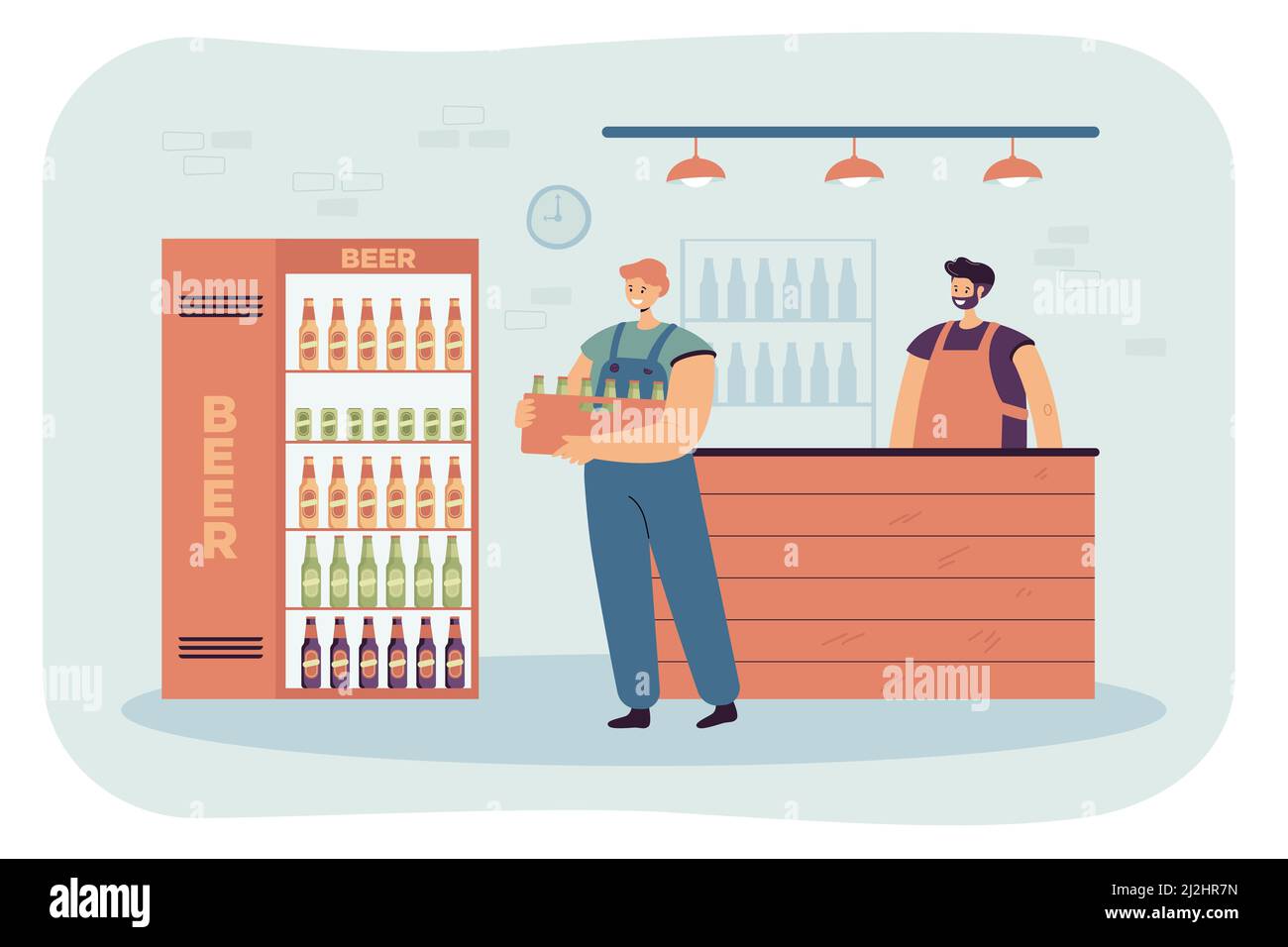 Deliveryman carrying crate of fresh beer in bottles. Smiling courier man holding stack of alcohol drinks in wooden box in alcohol market flat vector i Stock Vector