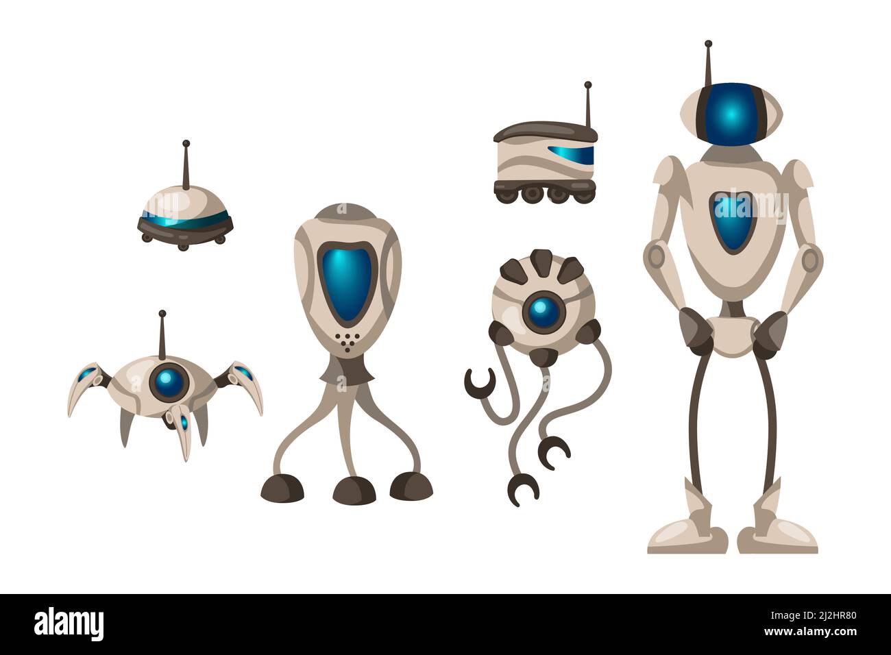 Different models of robots vector illustrations set. Cyborg cartoon character or humanoids, evolution of modern technology isolated on white backgroun Stock Vector