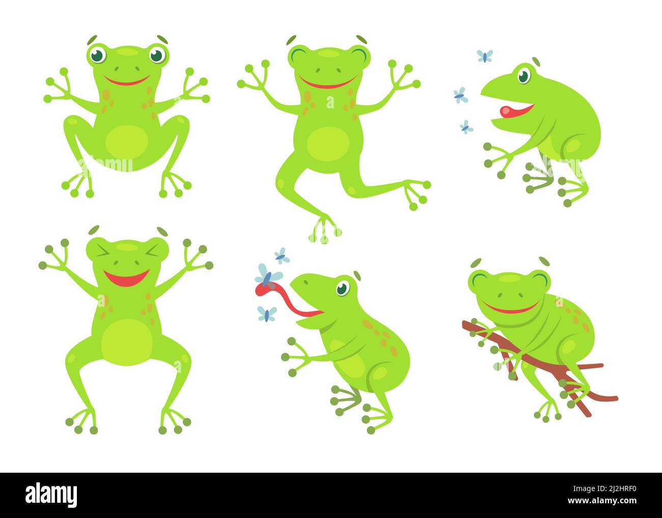 Cute frogs cartoon illustration set.  Funny green croaking toads and frogs jumping and catching flies isolated on white background. Flat vector collec Stock Vector