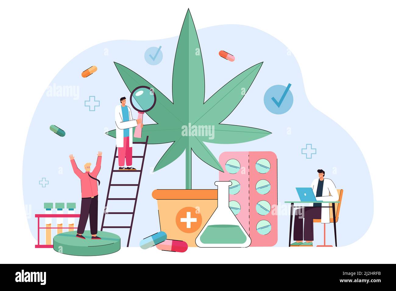 Doctors researching use of hemp oil extract from marijuana plant. Legal production of medicines from weed by tiny people flat vector illustration. Med Stock Vector