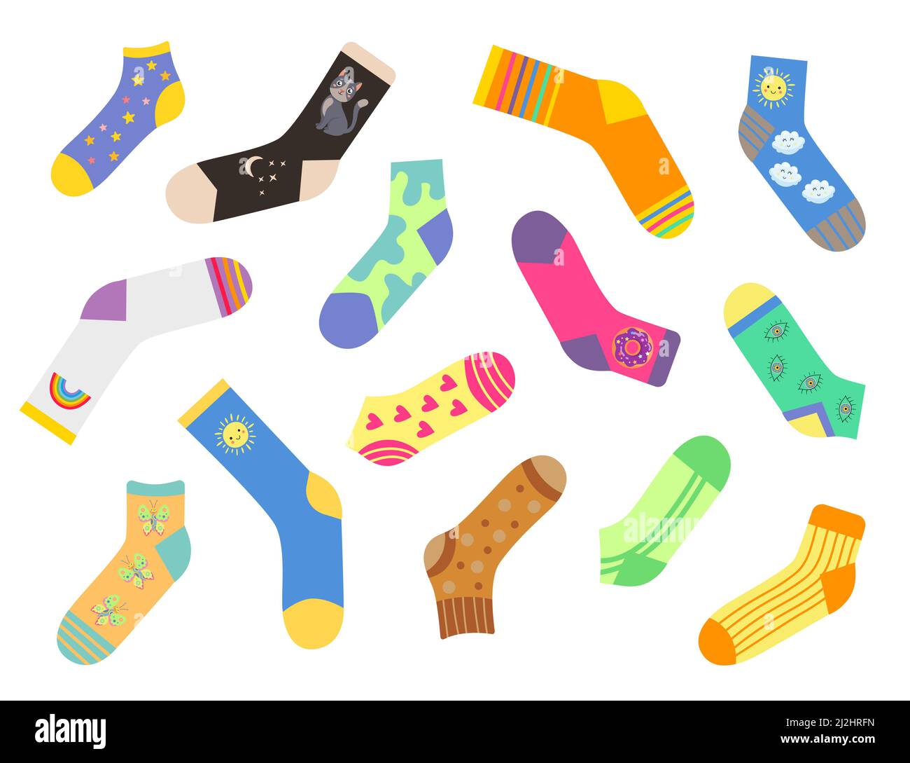 Different cute socks flat vector illustrations set. Collection of stylish trendy cotton or woolen socks for winter with various designs isolated on wh Stock Vector