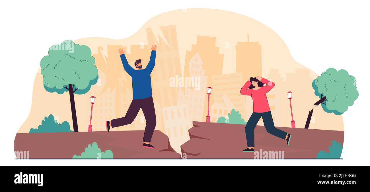 Evacuation of people from danger of earthquake in city. Man and woman running from disaster amid clefts on road, destruction of houses flat vector ill Stock Vector