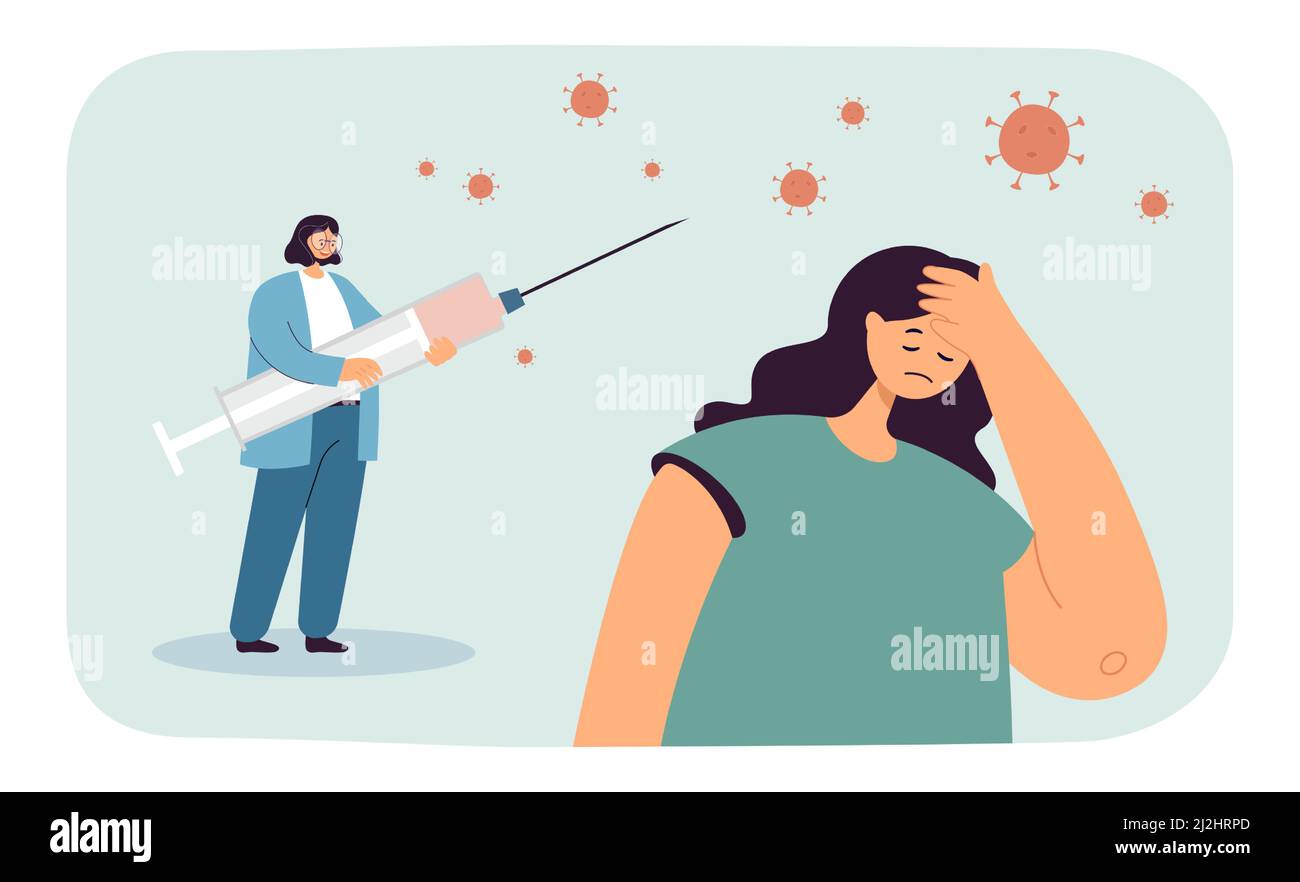 Female patient afraid of tiny doctor with vaccine syringe. Resistance of woman against vaccination flat vector illustration. Immunization, phobia conc Stock Vector