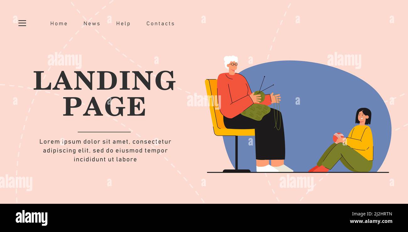 Grandmother sitting and knitting next to her granddaughter. Flat vector ...