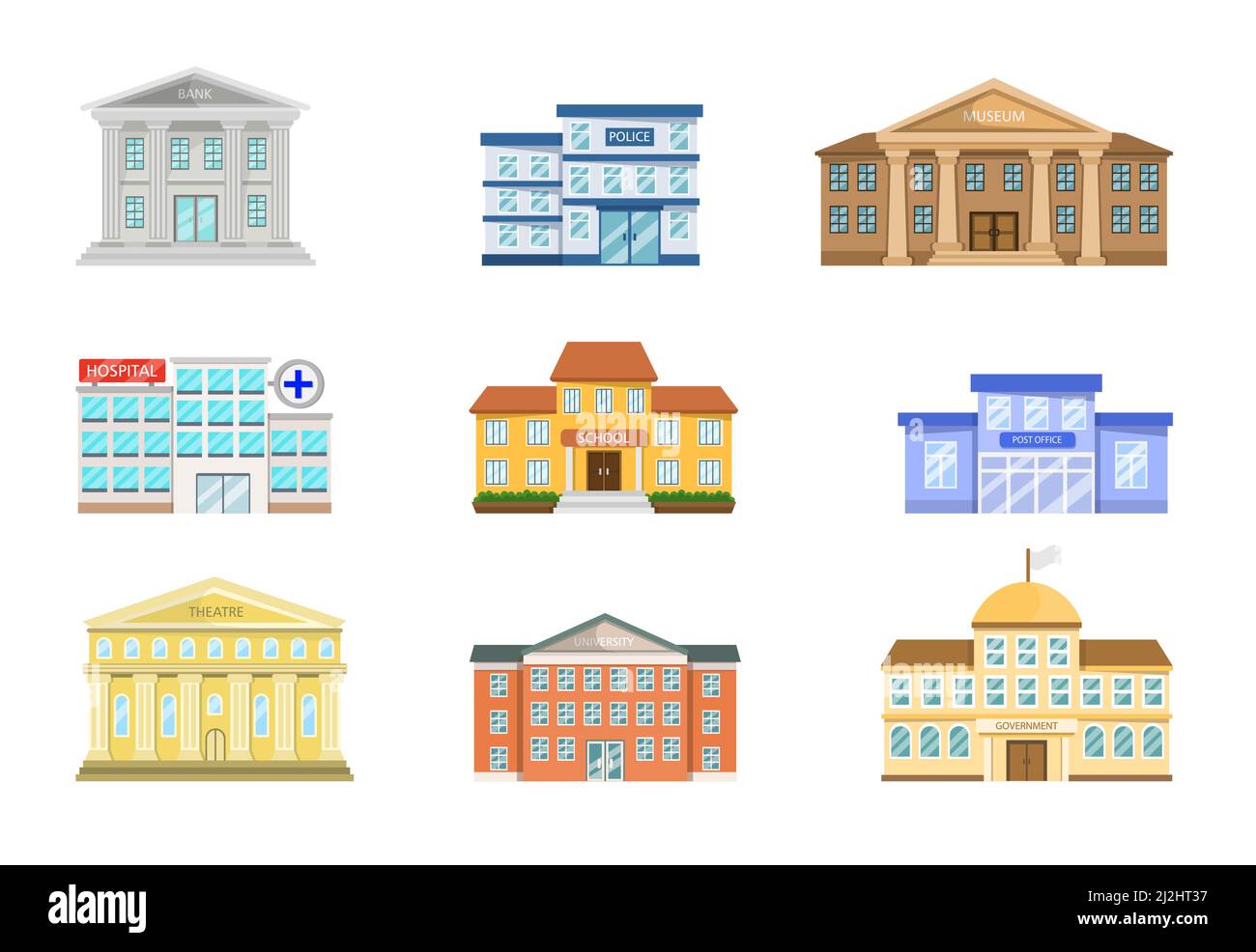Exterior of museum, hospital, police station, post office, government, bank, school, theatre, university. City, town halls cartoon vector illustration Stock Vector