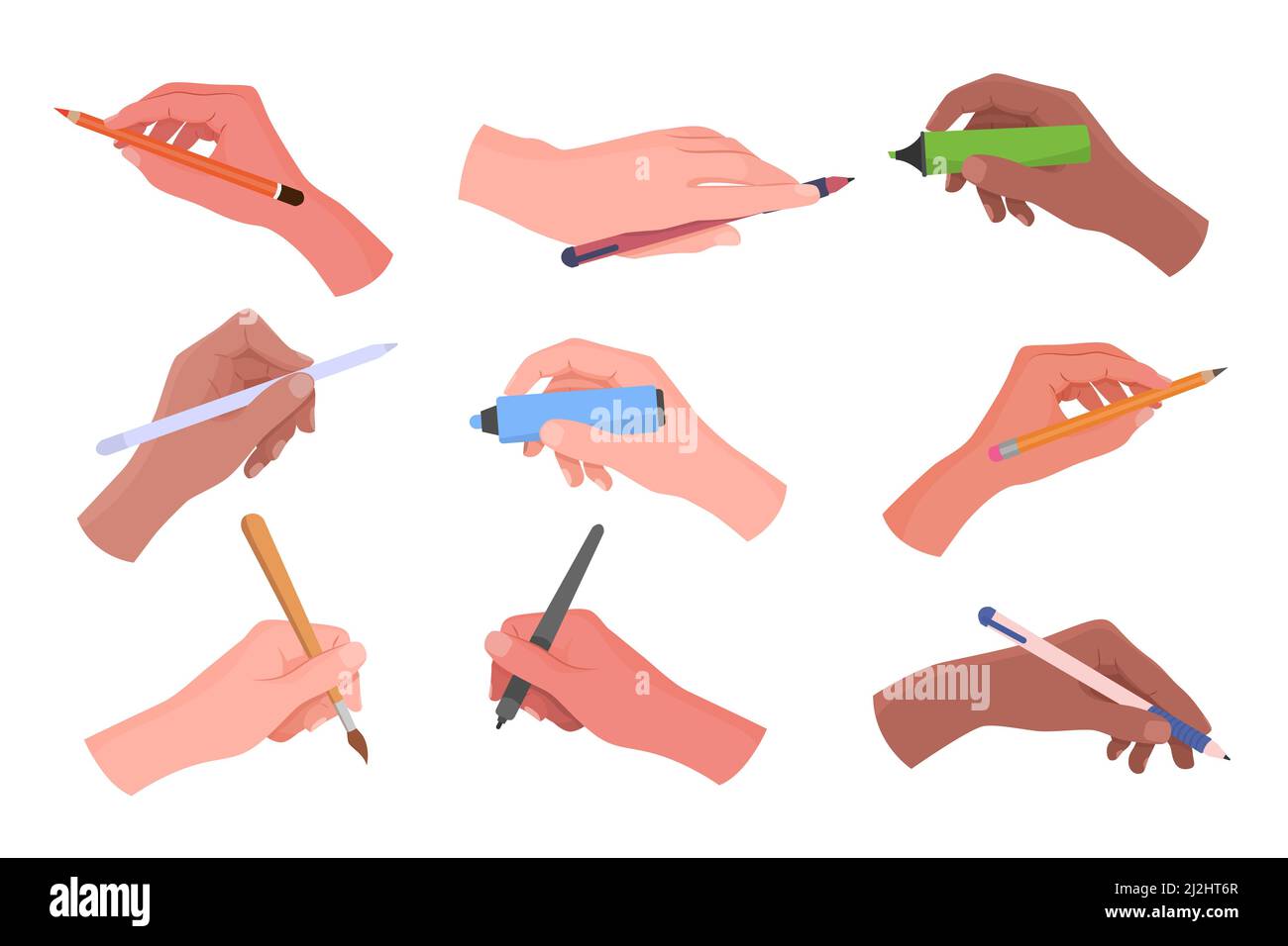 Hands holding writing and drawing tools vector illustrations set. Right